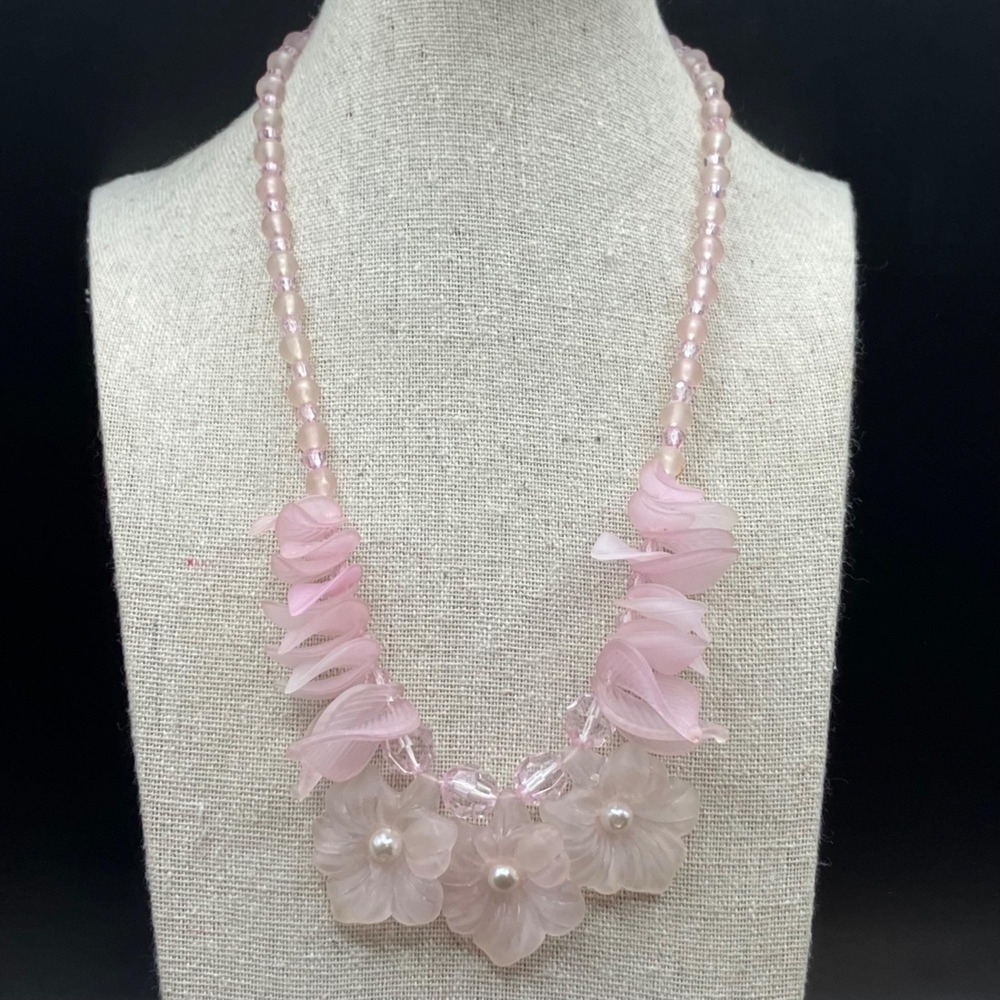 Vintage Pink Frosted Lucite Floral Statement Necklace with Leaves